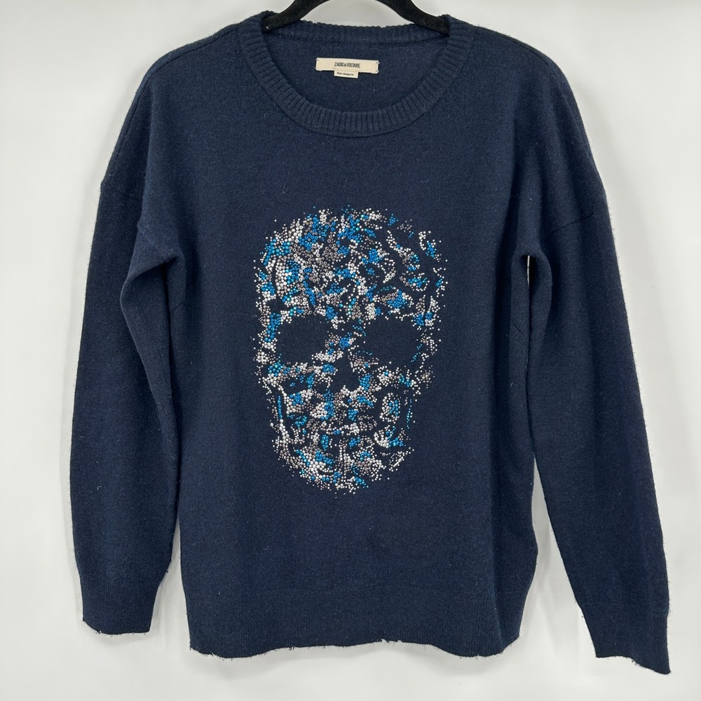 Zadig & Voltaire Gaby Multi Skull Strass Navy Wool Cashmere Sweater Medium Goth